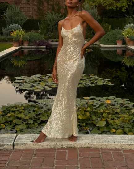 Shiny Champagne Spaghetti Straps Sequin Mermaid Party Dress Long Wedding Guest Dress - View 4 | FashionDia