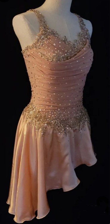 Spaghetti Straps V Neck Elegant Pink Satin Beaded Short Prom Dress Homecoming Dress
