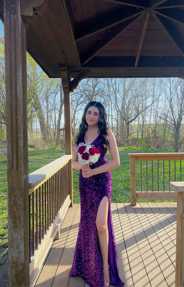 Sexy Spaghetti Straps Purple V Neck Sequin Mermaid Slit Party Dress Long Wedding Guest Dress