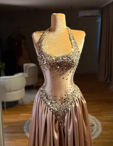 Gorgeous Halter Satin Beaded Long Evening Dress Birthday Party Dress - View 2 | FashionDia
