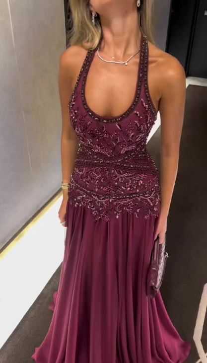 Vintage Halter Chiffon Beaded Prom Dress Long Mermaid Evening Dress