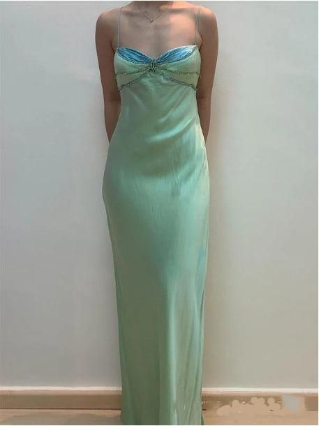 Vintage Green Spaghetti Straps Beading Sheath Long Party Dress Formal Prom Dress - View 3 | FashionDia