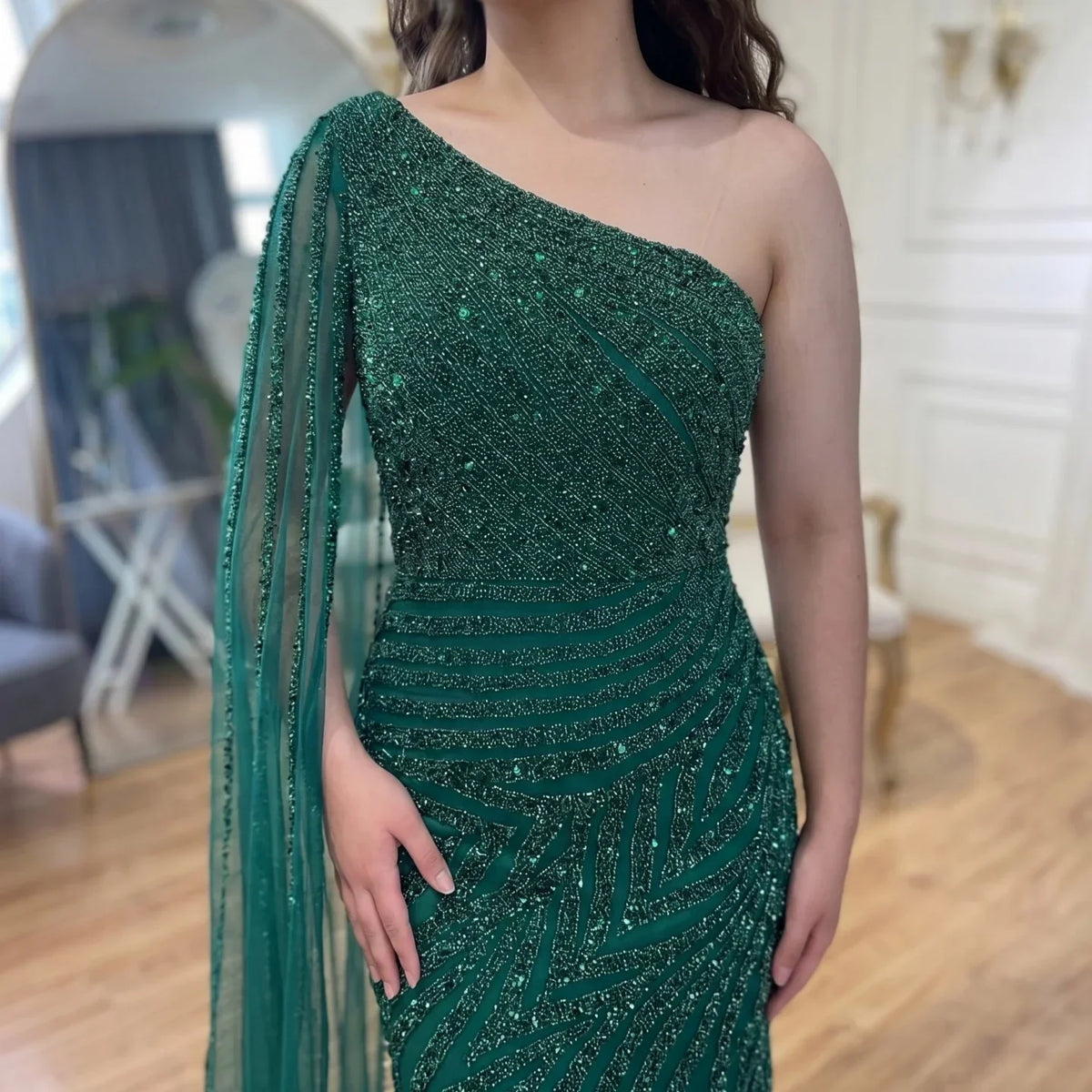 Zapdress Customized Gold Mermaid Beaded One Shoulder Cape Sleeve Evening Dresses Split Elegant Party Gowns For Women (ZD17236) - View 3 | VelvetHem