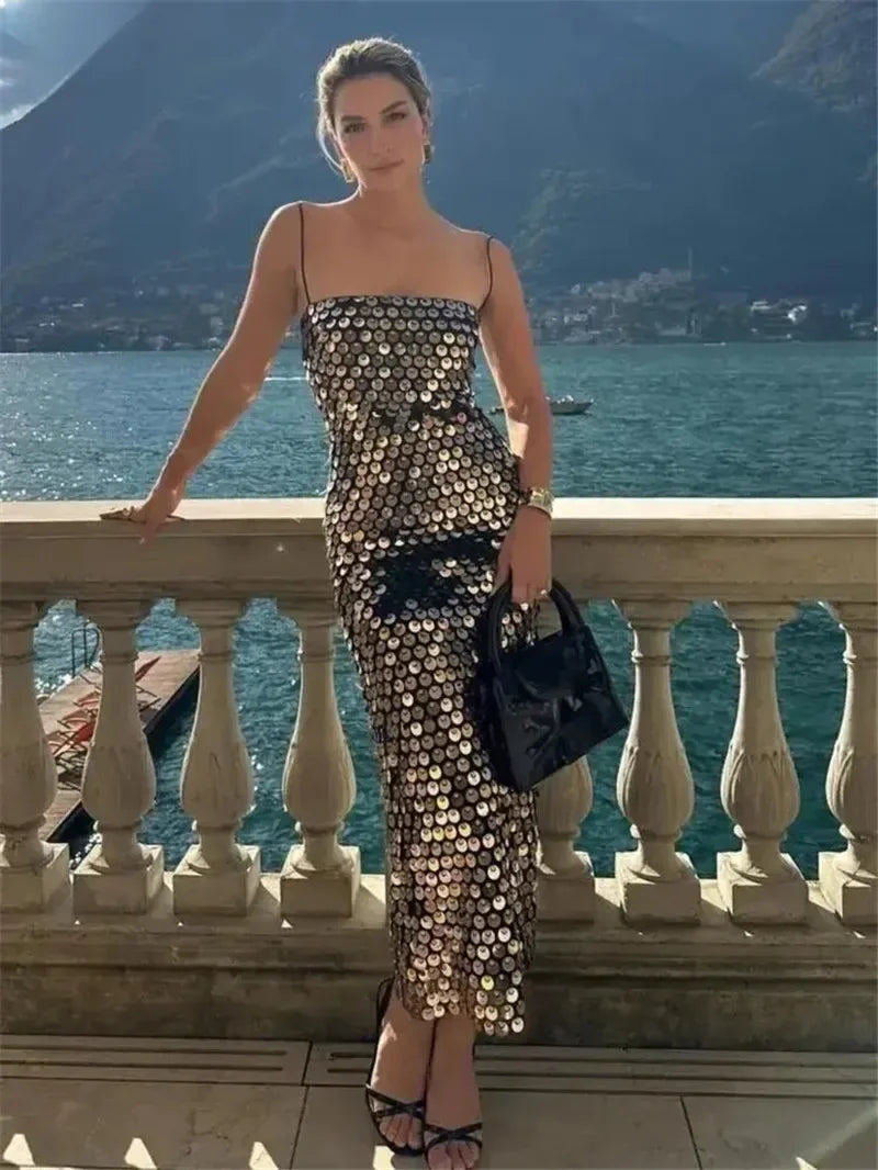 Sequin Strap Sleeveless Shiny Party Dress - VelvetHem