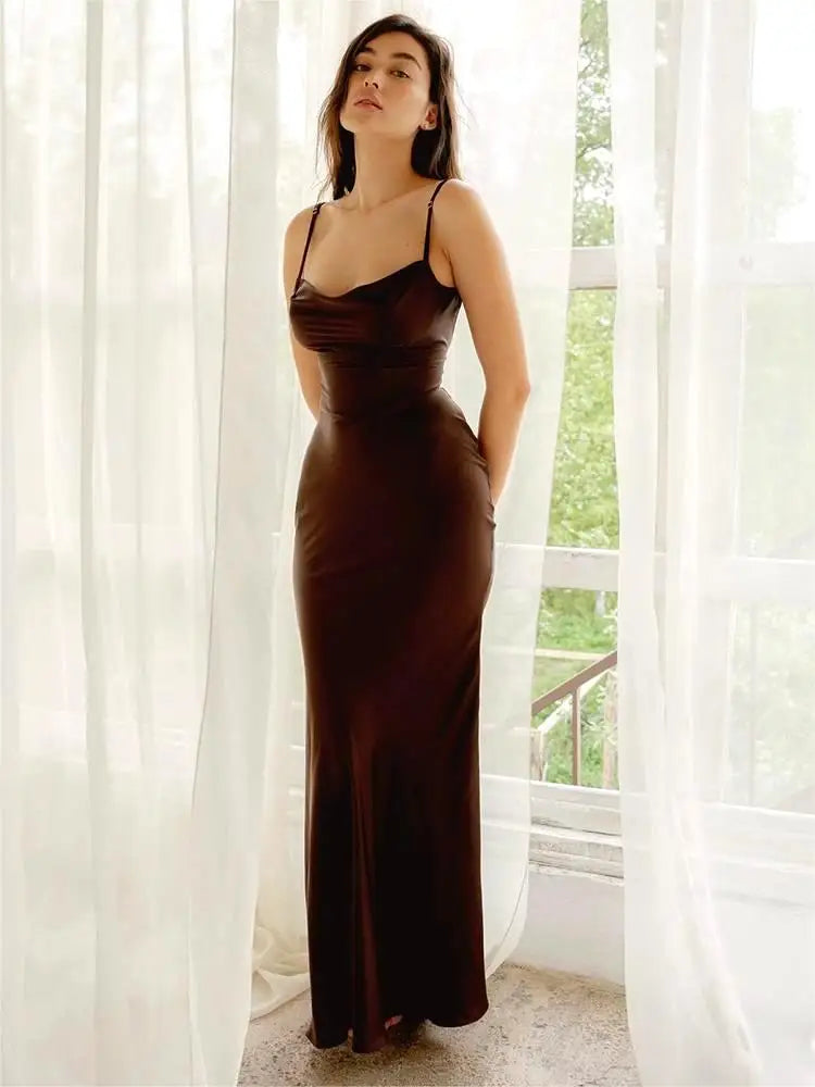 Satin Ruched Strap Maxi Elegant Silk Dress - View 2 | VelvetHem