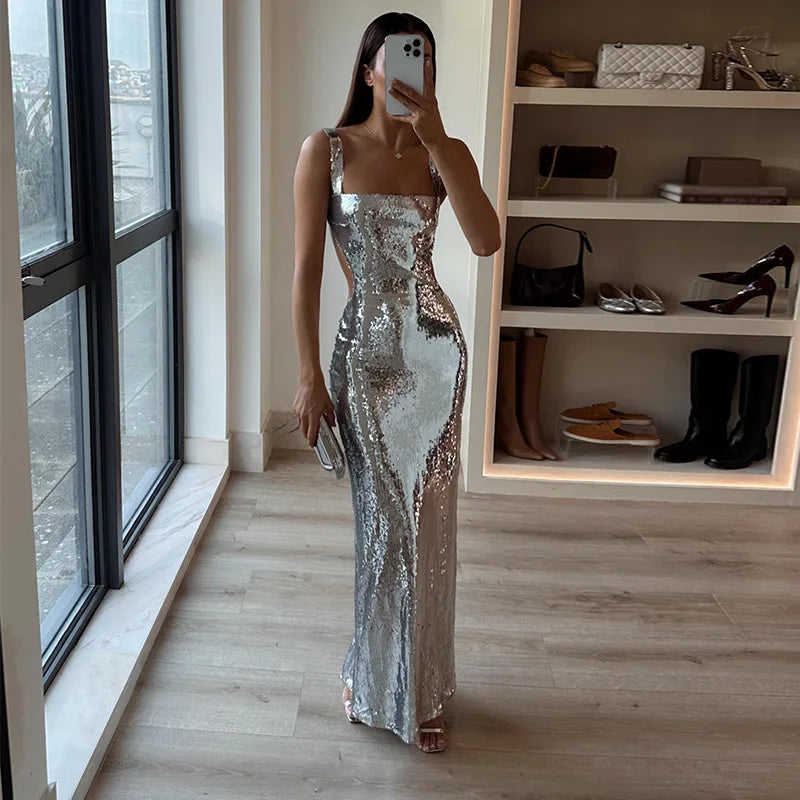 Michaela Spaghetti Strap Shimmer Maxi Dress