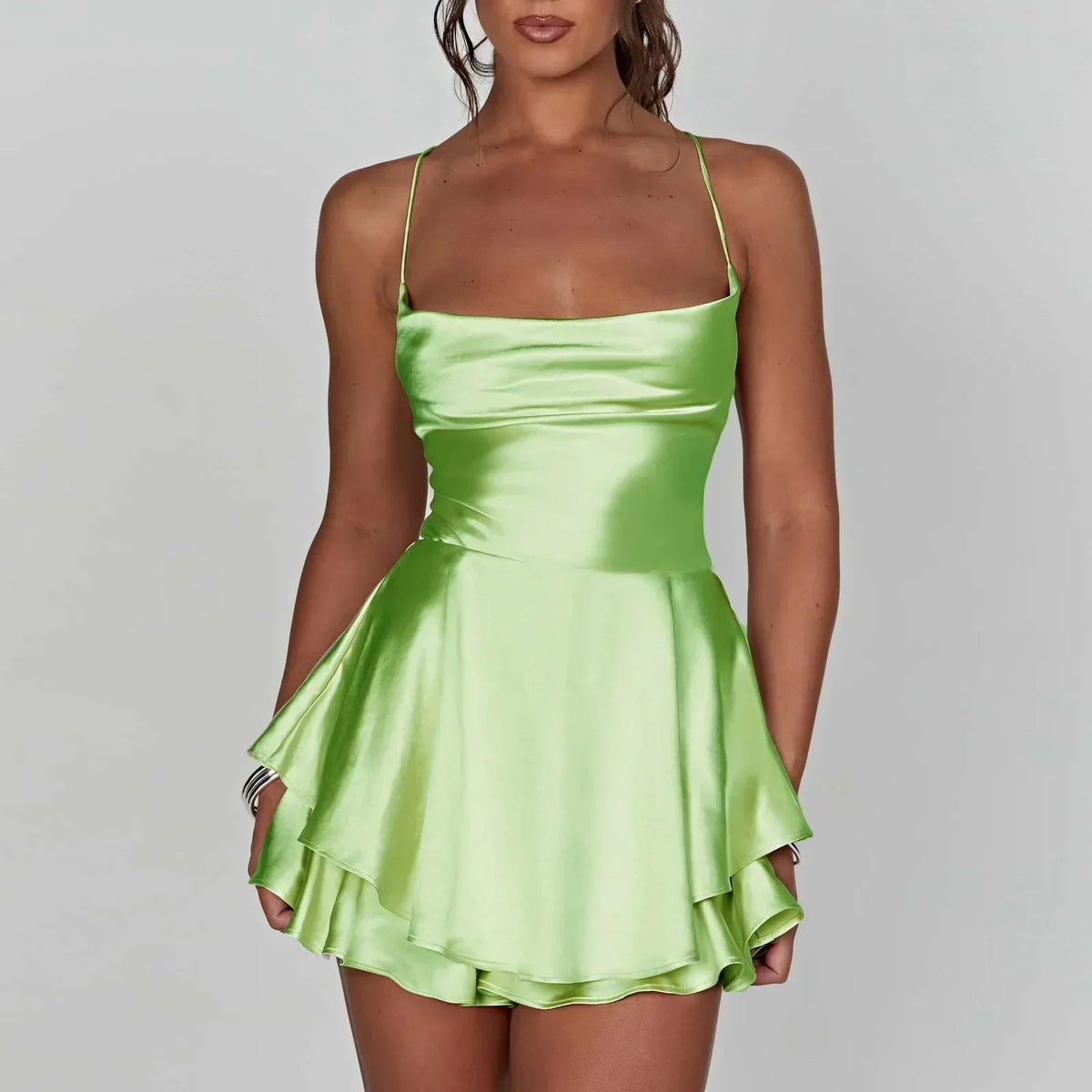 Satin Cowl Neck Tie Back Romper Mini Dress - View 10 | VelvetHem