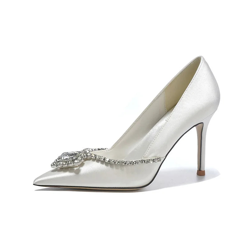 Luxury Rhinestones Satin Women Pumps Spring Summer Fashion Pointed toe Office Lady High heels Female Wedding Bridal Dress Shoes White 9cm