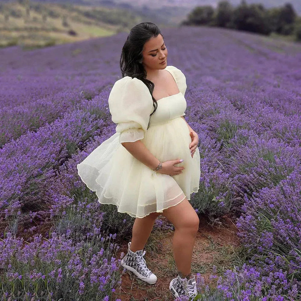 Pretty Maternity Evening Dress Square Neck Pregnant Woman Formal Gowns Puff Sleeves Plus Size Short Prom Dresses Yellow