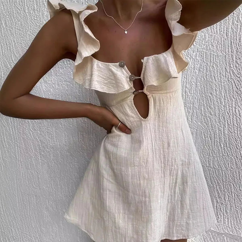 Hollow Ruffled Cotton Beach Gothic Mini Dress - View 4 | VelvetHem