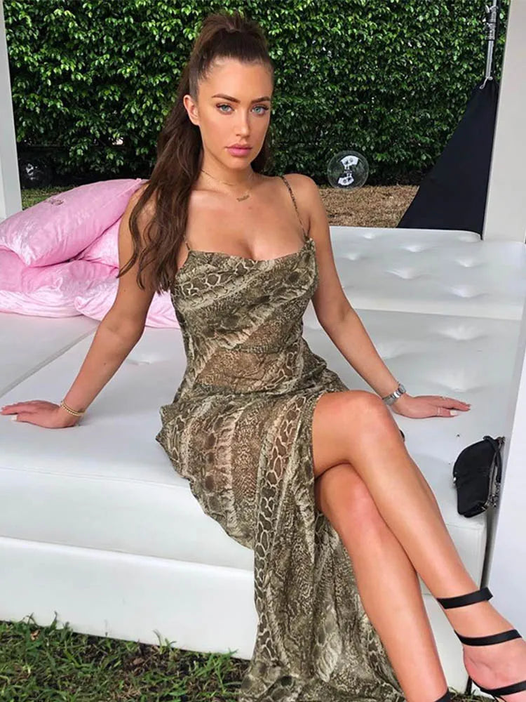 Snake Print Chiffon Sheer Strap Backless Slit Slip Dress - View 2 | VelvetHem