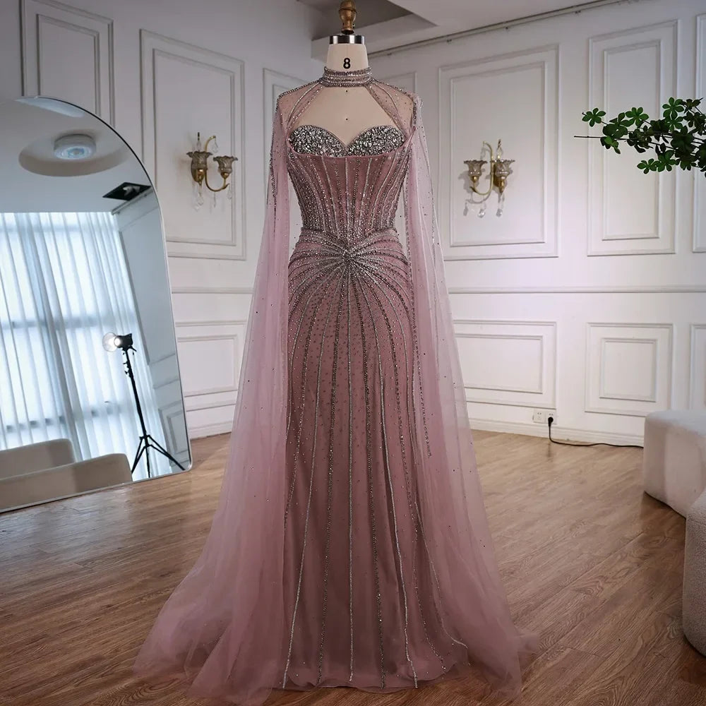 Luxury Nude Elegant Evening Gown Beaded Dress with Cape Sleeves for Formal Party Wear Zapdress DLA72811A Customized (ZD17216)