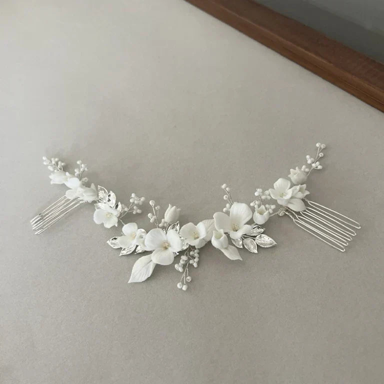 Gold Silver Color Headpiece Headband Hair Comb Pin Clip For Brides Porcelain Flower Hairpin Wedding Accessories Bridal Jewelry
