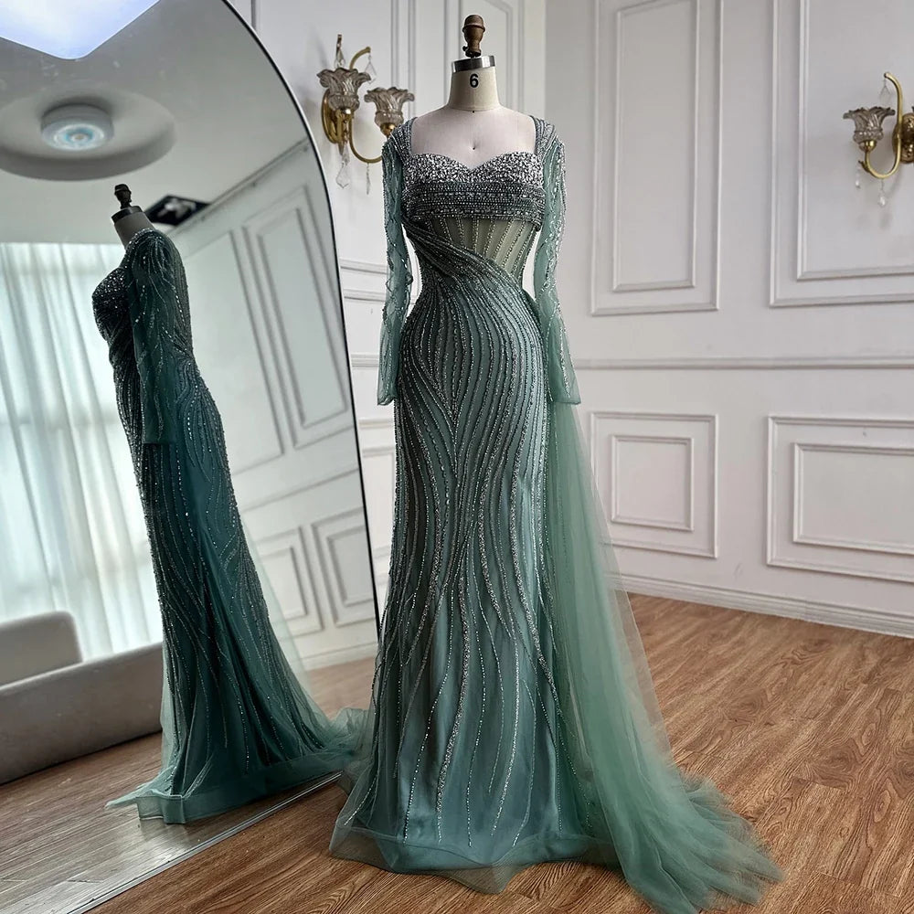 Zapdress Nude Long Sleeves Beaded Evening Dresses with Skirt 2025 Party Gowns for Formal Occasion DLA72812 Customized (ZD17214)