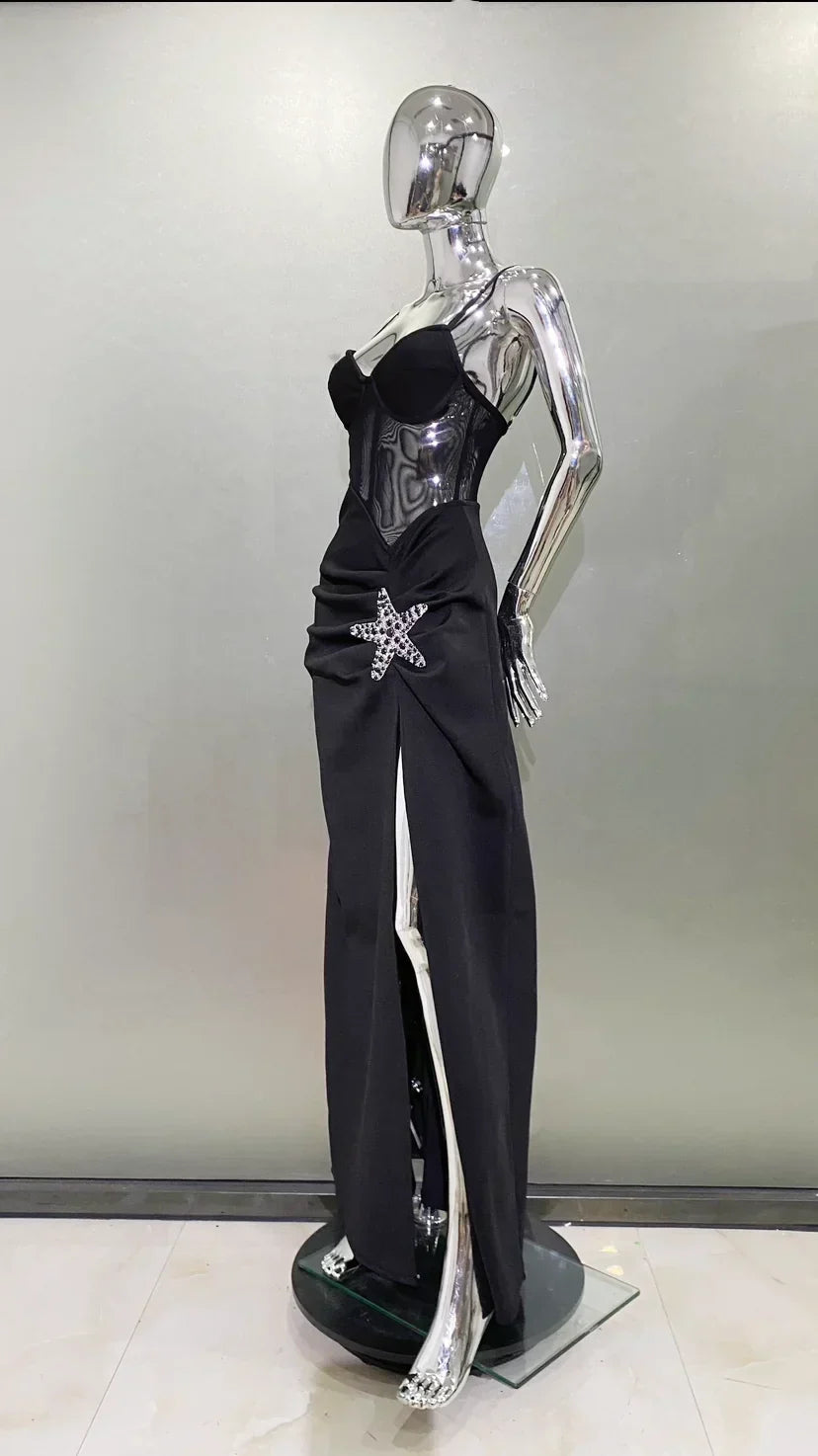 2024 Starfish Sexy See Through Mesh Patchwork Bandage Spaghetti Strap Floor Length Dress Evening Dress Celebrity Party Outfit