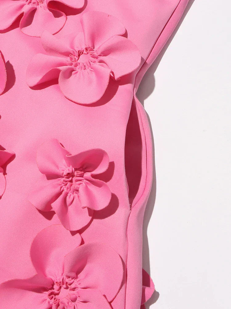 3D Flower Appliqué Mock Neck Midi Dress