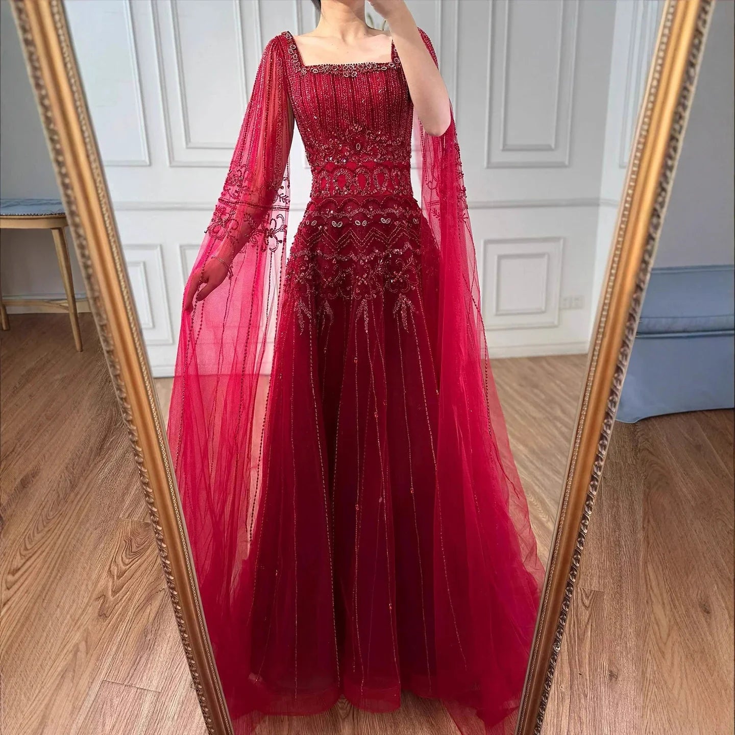 Zapdress Red Square Collar A-Line Beaded Evening Dress with Cape Sleeves 2026 Party Gowns for Women DLA73089A Customized (ZD17190)