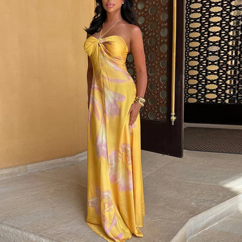 Halter Satin Hollow Slim Floral Dress - View 2 | VelvetHem