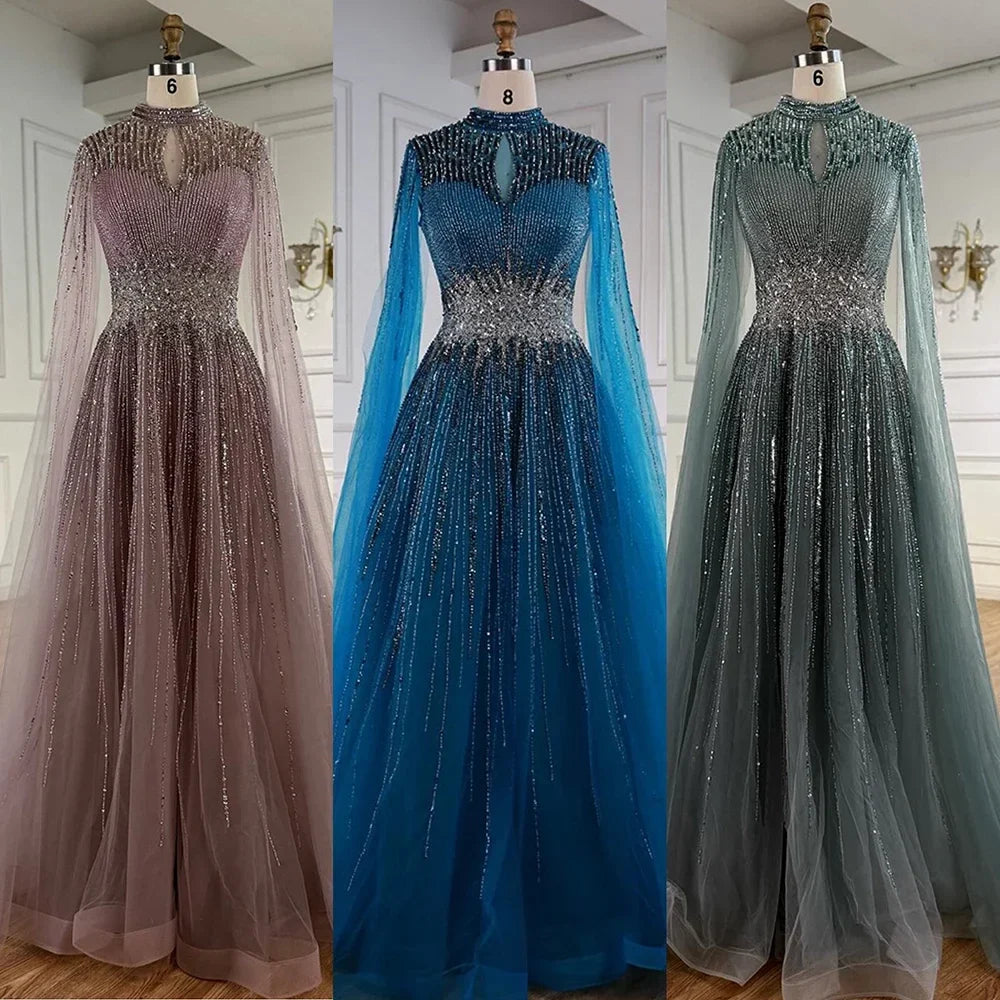 Elegant Modest Blue Beaded Evening Dress with Cape Sleeves Dubai Gown Zapdress 2025 Customized (ZD17239)