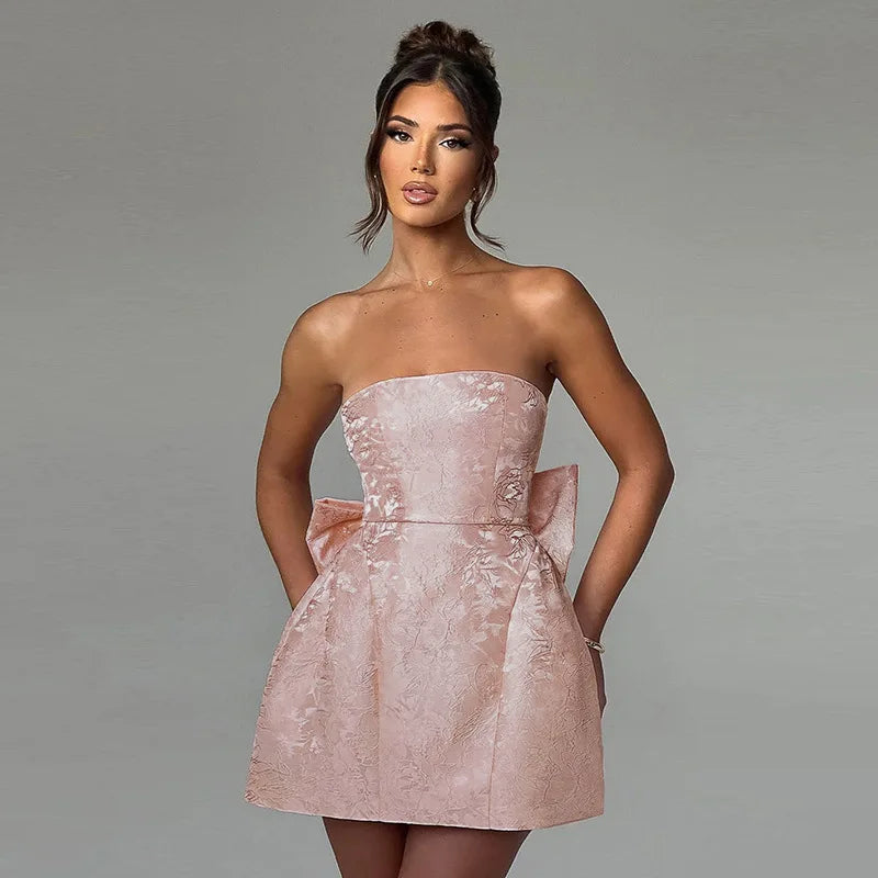 Bow Backless Jacquard A Line Mini Dress - View 8 | VelvetHem