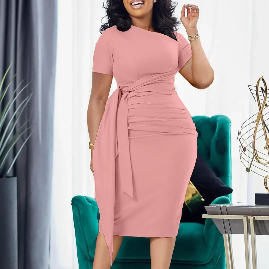 Pleated Band Collar Short Sleeve Pure Color Work Dress - View 4 | VelvetHem