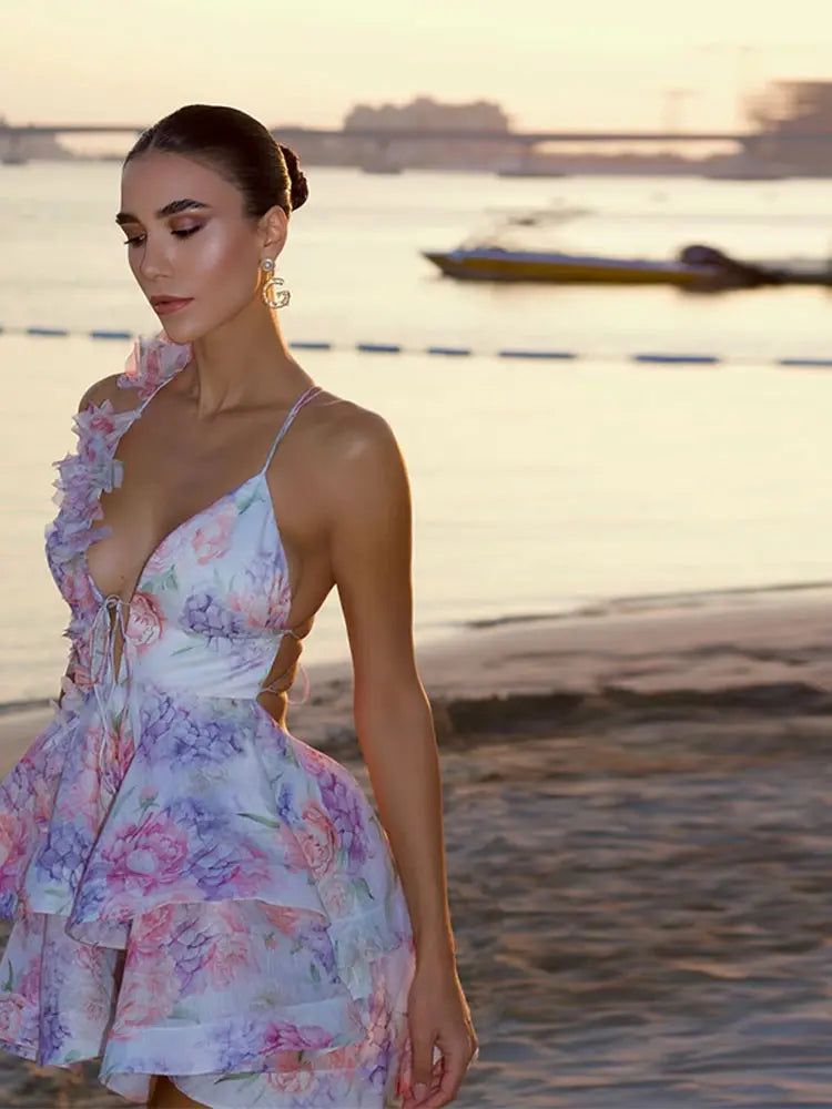 3D Floral Halter Layered V Neck Mini Dress - View 4 | VelvetHem
