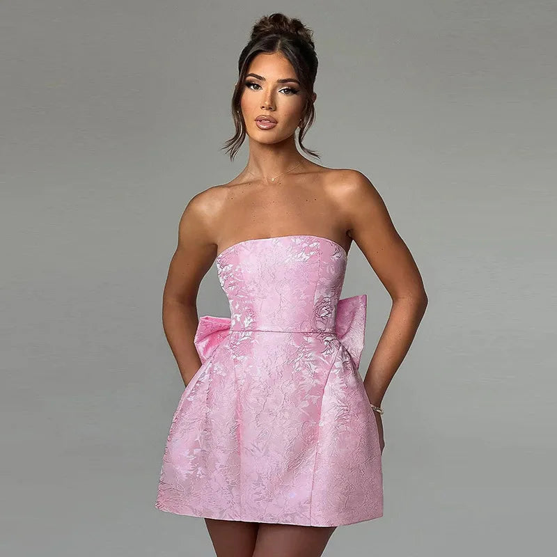Bow Backless Jacquard A Line Mini Dress - View 9 | VelvetHem
