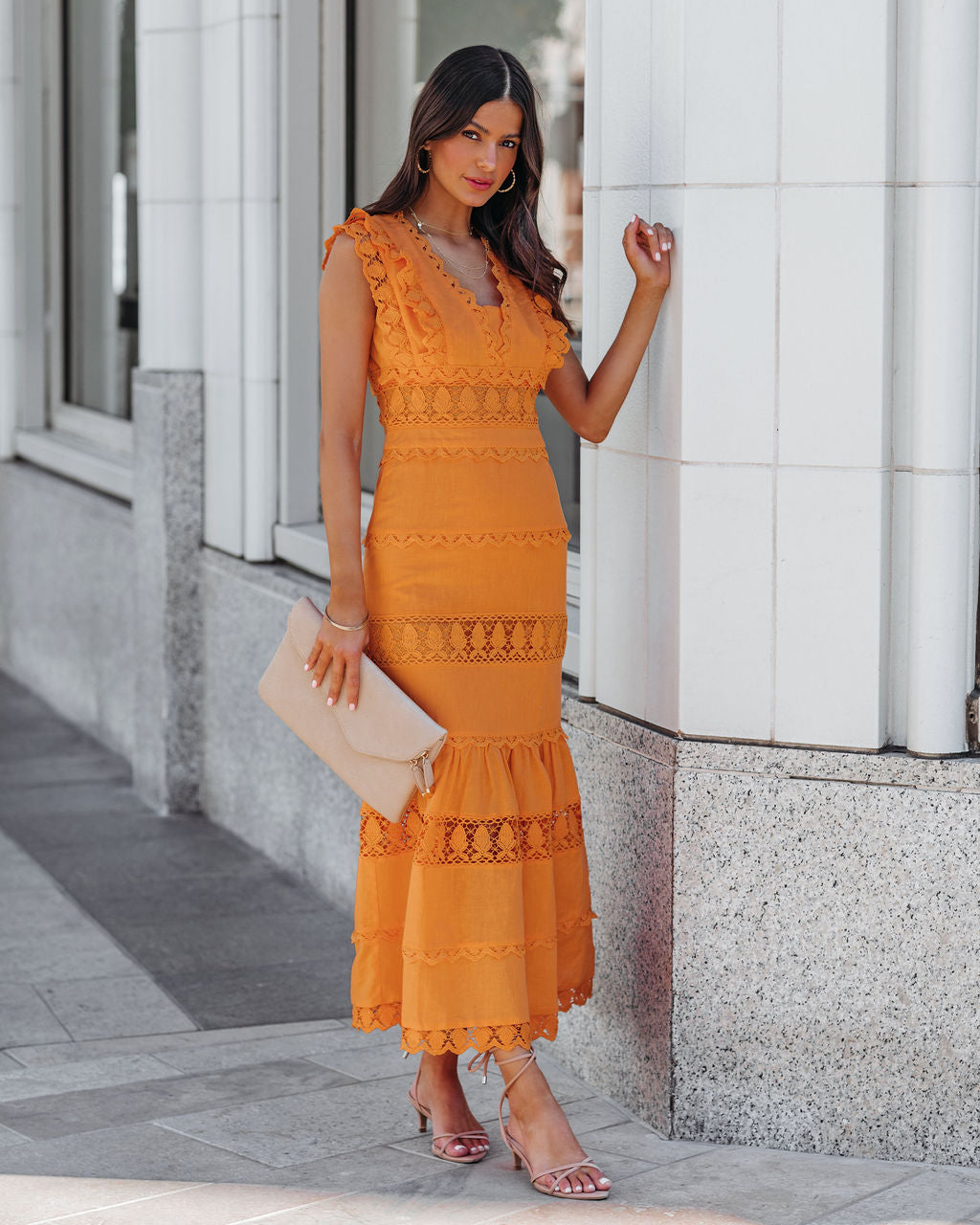 Sacha Cotton Linen Crochet Tiered Midi Dress Tangerine