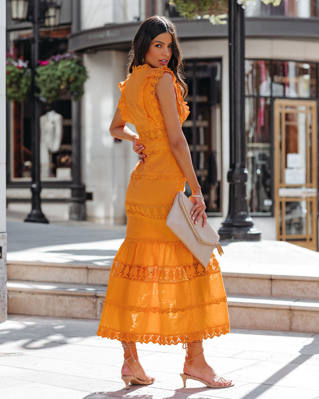 Sacha Cotton Linen Crochet Tiered Midi Dress Tangerine