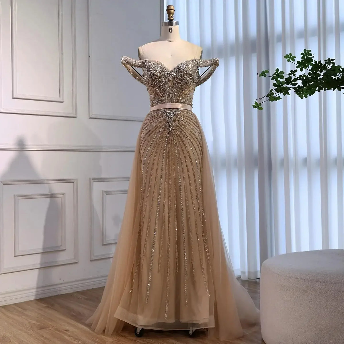 Zapdress 2026 Nude Luxury Beaded Mermaid Off Shoulder Evening Dress Formal Party Gowns for Women Customized (ZD17260)