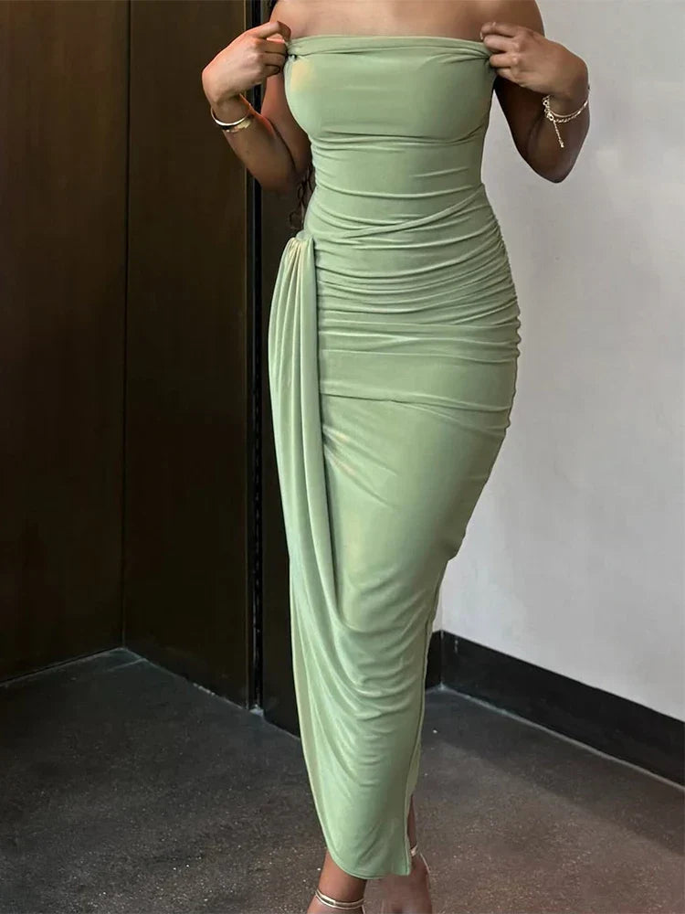Ruched Off Shoulder Slim Midi Dress - View 2 | VelvetHem