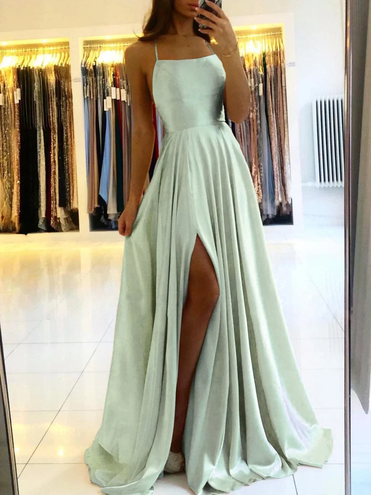Blue Satin Spaghetti A-Line Prom Dress - View 2 | VelvetHem