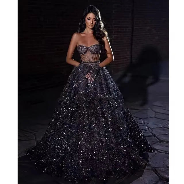 Glitter Sequin A Line Prom Dresses Sweetheart See Through Body Evening Dress Exposed Bones Plus Size Formal Party Gowns