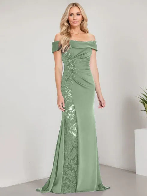 A-Line Off-the-Shoulder Floor-Length Mother of the Bride Dress Applique Beadings Mermaid Dress With High Split