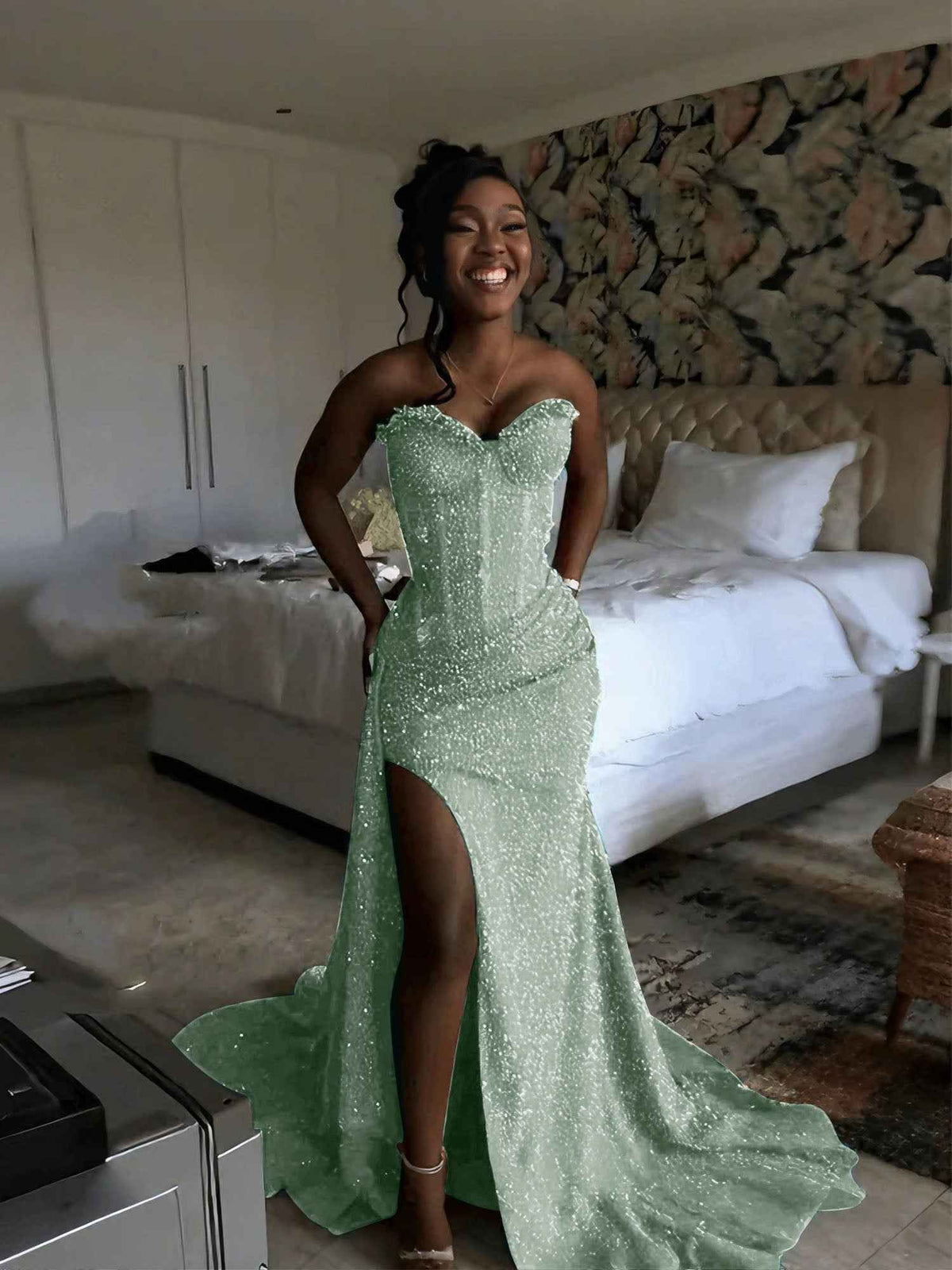 Glitter Strapless Mermaid Sequined Long Prom Dress with Slit (ZD17399)