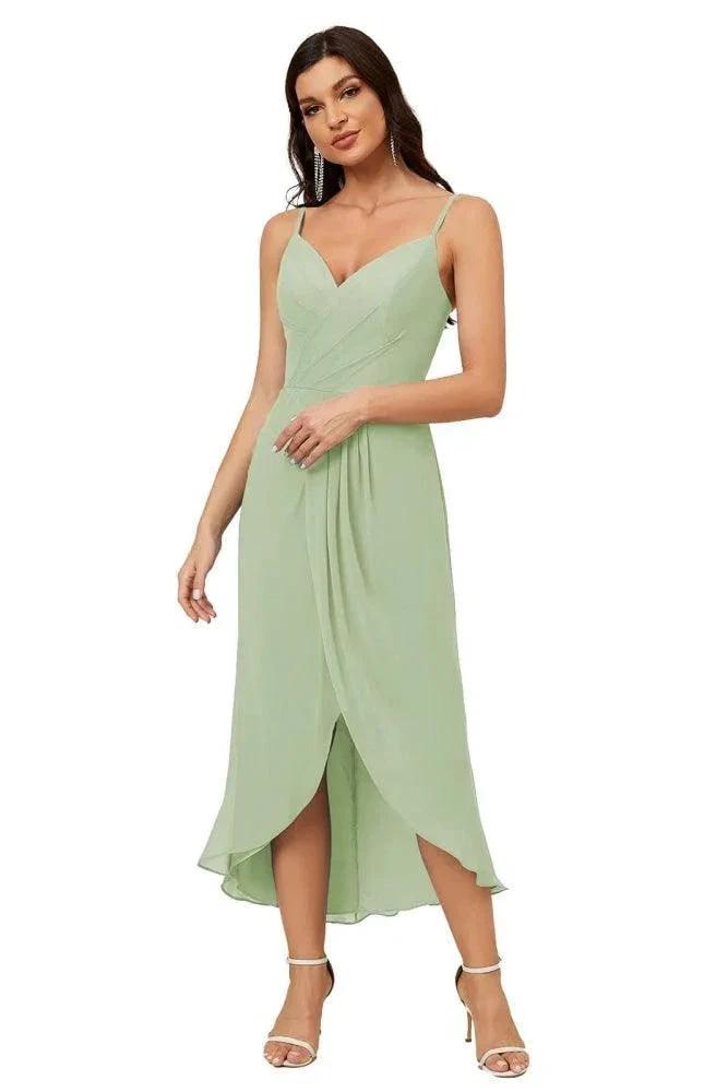 Numbersea Spaghetti Chiffon V Neck Bridesmaid Dress Mid-Length Slit Formal Prom Dress Homecoming Dress 2803 by numbersea