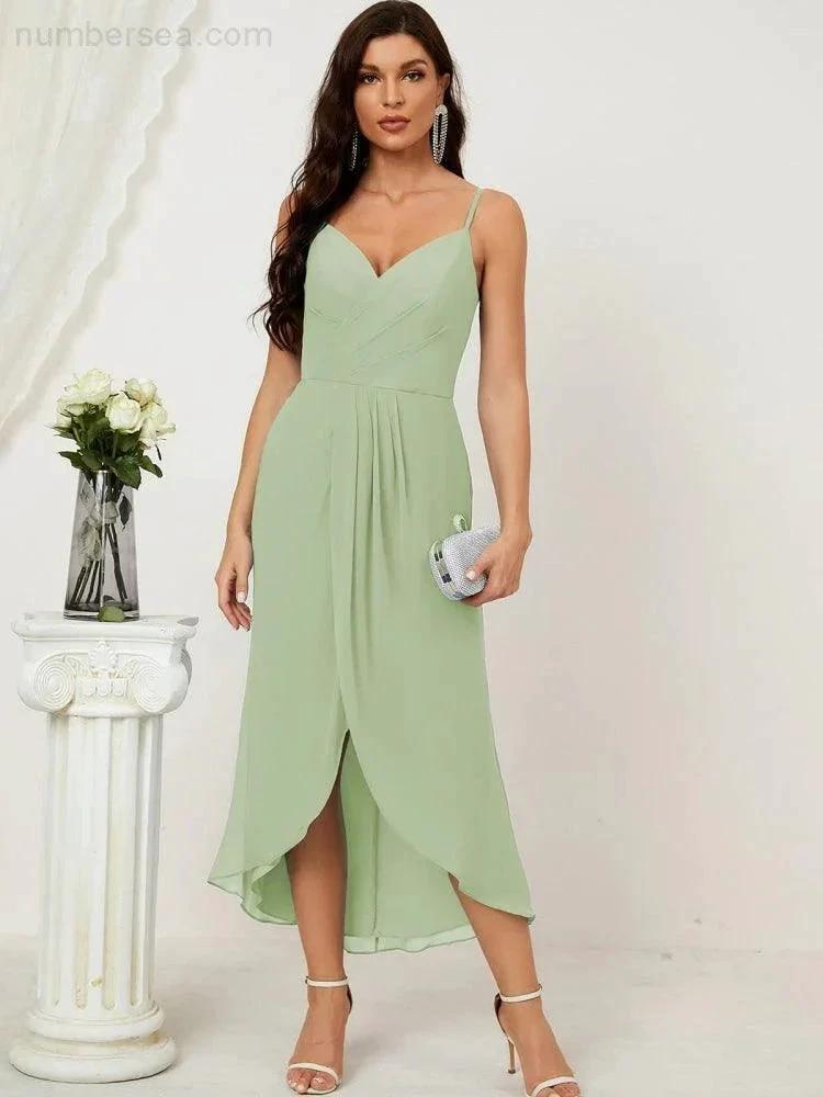 ZapDress Spaghetti Chiffon V Neck Bridesmaid Dress Mid-Length Slit Formal Prom Dress Homecoming Dress 2803 (ZD16952)