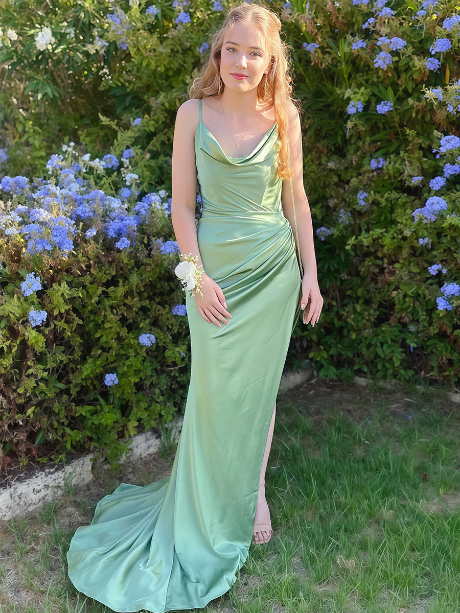 Sage Green Ruched Waist Satin Cowl Neck Prom Dress with High Slit - FashionDia
