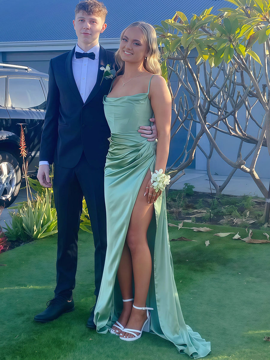 Sage Green Ruched Waist Satin Cowl Neck Prom Dress with High Slit - View 2 | FashionDia
