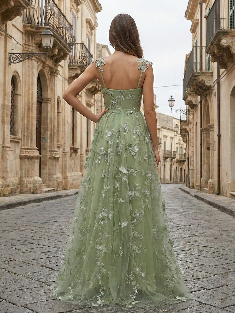 Sage Green Sweetheart A Line Butterfly Tulle Corset Prom Dress