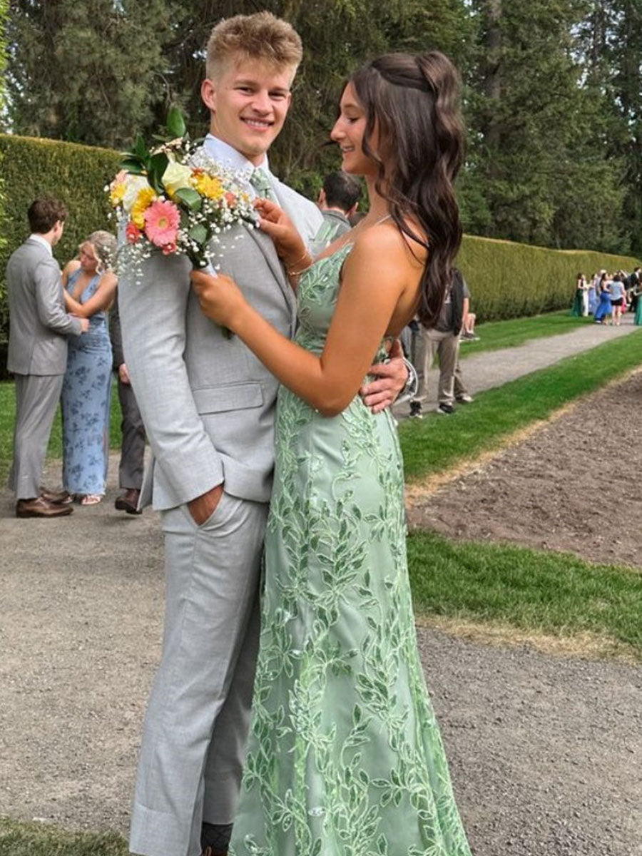 Sage Green V-Neck Fitted Long Porm Dress with Slit - View 2 | FashionDia