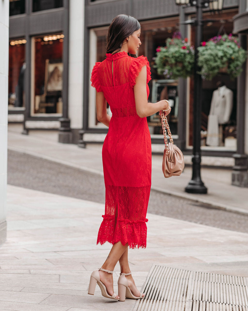 Saige Sheer Lace Midi Dress Red
