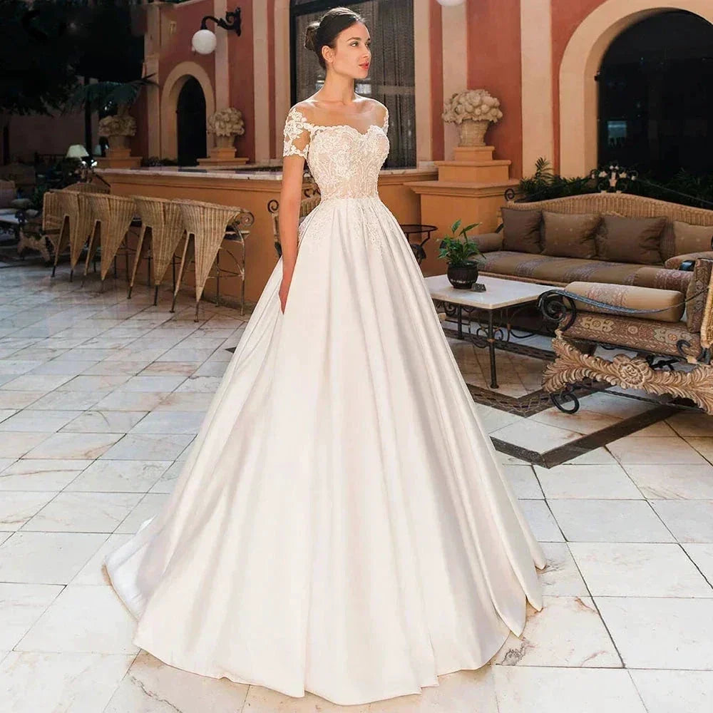 Satin A-Line Decal Wedding Dresses Women's Sweetheart Off Shoulder Button Backless Robe De Marée Lace Bridal Gowns With Pockets by payinti