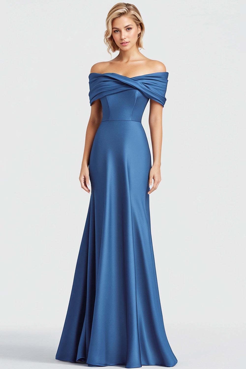 Satin Blue Wedding Guest Dress Mermaid Off The Shoulder Long Formal Dress With Ruch