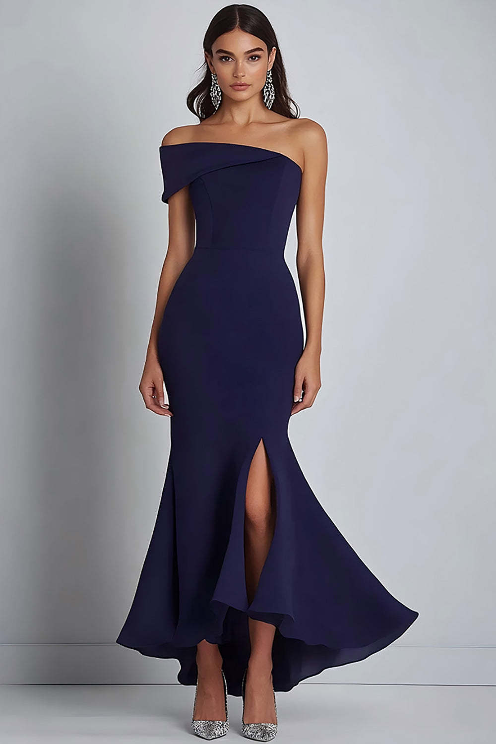 Satin Navy Wedding Guest Dress Sheath Off The Shoulder Long Formal Dress With Slit
