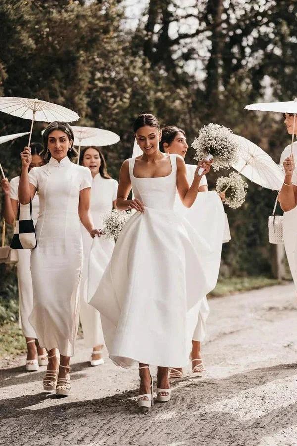 Satin A-Line Square Neck White Modest Wedding Dress WD737 by pgmdress