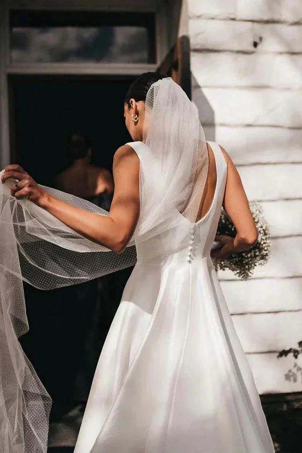 Satin A-Line Square Neck White Modest Wedding Dress (ZD16088)
