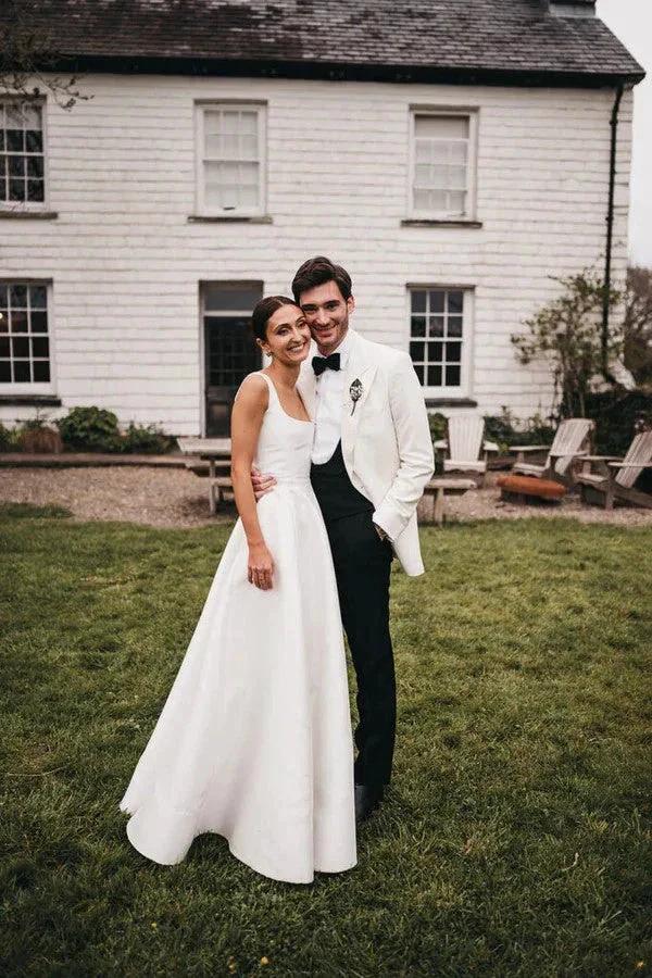 Satin A-Line Square Neck White Modest Wedding Dress (ZD16088)