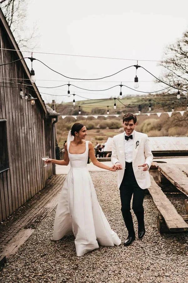 Satin A-Line Square Neck White Modest Wedding Dress (ZD16088)