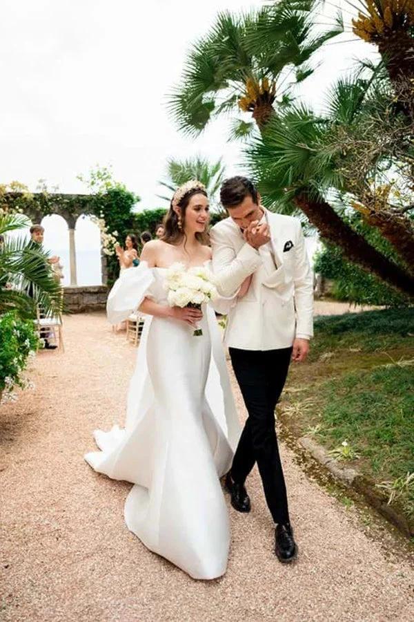 Satin Mermaid Off Shoulder Puff Sleeves Wedding Dress (ZD16071)